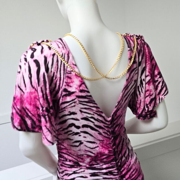 COOGI Y2K Ruched Plunge Zebra Print Mini Dress in Electric Hot Pink - Picture 5 of 16